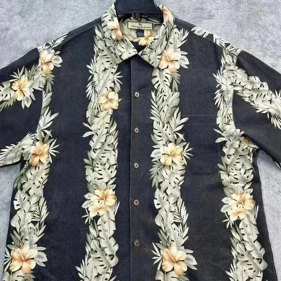 Tommy Bahama Shirt Mens Large Silk Floral Hawaiian Button Up Camp Black - Picture 4 of 7